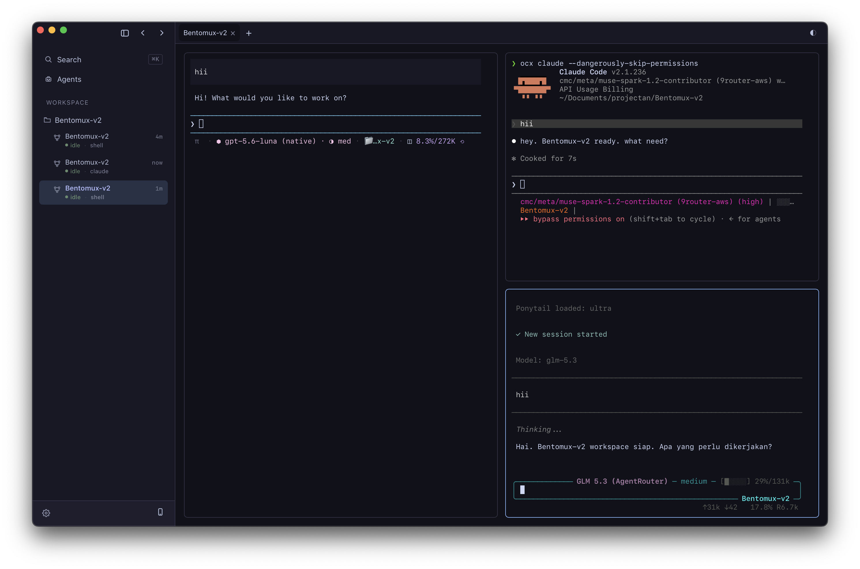 The Bentomux window showing three workspaces — bentomux-v2, website and scratch — with an approval prompt raised over the website workspace.